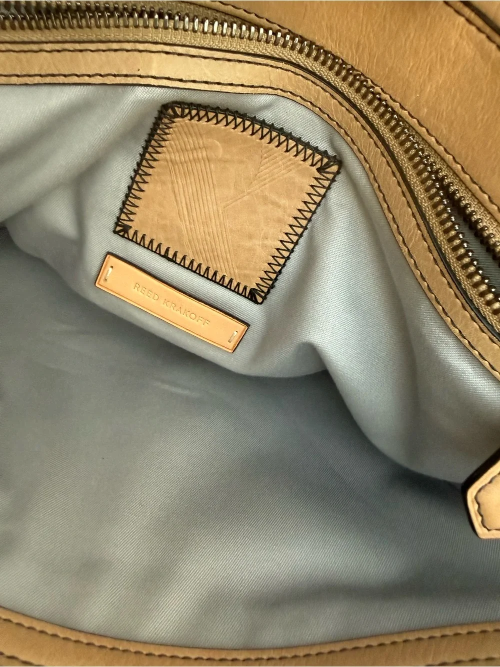 Men's Leather Tote Bag in Beige with Black Trim
